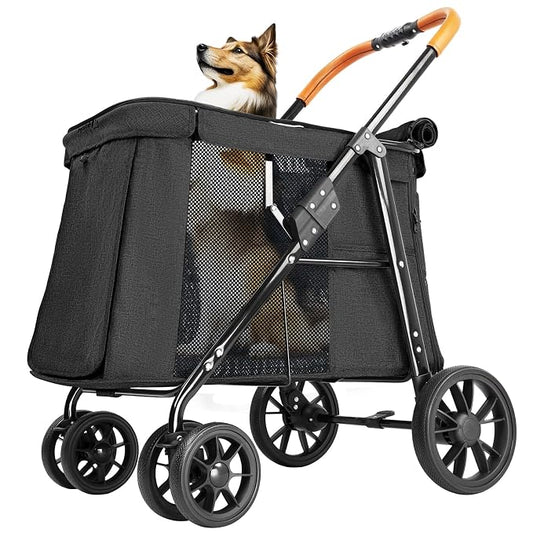 Pet Stroller for Large & Medium Dogs up to 70 lbs, 4-Wheel Extra Large Dog Stroller with 3-Way Entry & Sunshade, Heavy Duty Puppy Wagon with One-Click Folding, All-Terrain & Ventilated, Black