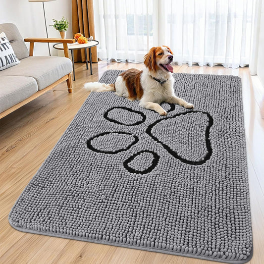 Smiry Dog Door Mat for Muddy Paws, Absorbent Dirt Trapper Non Slip Quick Dry Washable Chenille Mat for Mud Dogs, Entry Rug for Indoor and Outdoor (32x59 Inches, Grey)