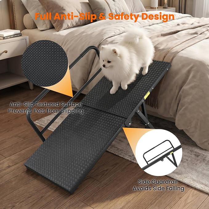 Dog Ramp for Bed,Couch,Car, 5-Level Adjustable Foldable Pet Ramp | With Non-Slip Rubber Surface & Safety Side Rail, Adjustable Height 13"-18.3", For Small & Medium Dogs, Supports Up to 200 lbs