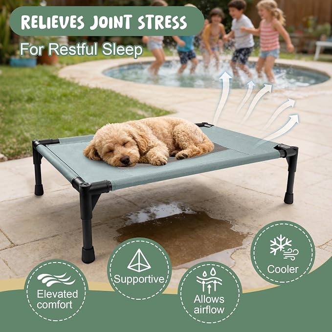 Elevated Dog Bed for Large Dogs - Outdoor Cooling Cot with Washable Breathable Mesh, Portable Raised Pet Bed with Non-Slip Feet & Waterproof Teslin, Heavy Duty & for Camping
