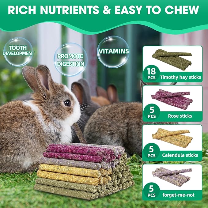 Jorewood 33 Pcs Rabbit Chew Sticks, Rabbit, Guinea Pig Toys, Natural Timothy Grass Molar Teeth Stick, Mixing Natural Flowers Chewing Toy, Small Animals Treats