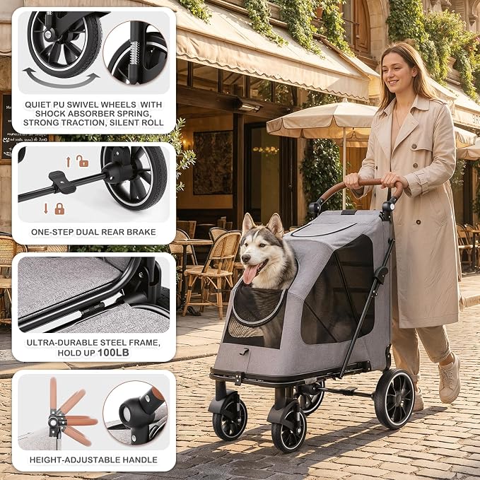 MoNiBloom Large Pet Stroller with Anti-Slip Ramp, for Large Dog Up to 99lb | Heavy Duty Dog Stroller Up to 99lb, Safe & Gentle Mobility Aid, All-Terrain Wheels, Idea for Injured, Disabled, & Senior Dog