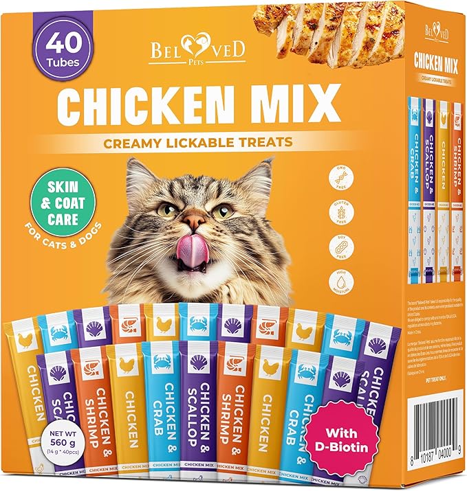 Beloved Pets Creamy Lickable Cat Treats & Wet Food Squeeze Tubes – Liquid Kitten Snacks, Skin & Coat Health, Multivitamin Treats for Cats, & Small Dogs, Lick Up 40 Chicken Mix