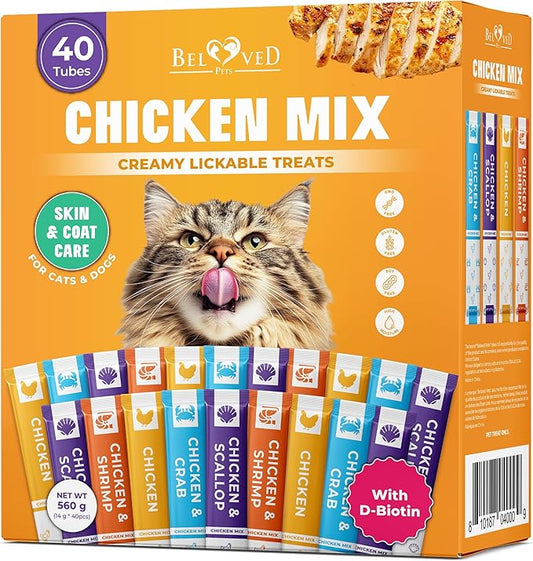 Beloved Pets Creamy Lickable Cat Treats & Wet Food Squeeze Tubes – Liquid Kitten Snacks, Skin & Coat Health, Multivitamin Treats for Cats, & Small Dogs, Lick Up 40 Chicken Mix