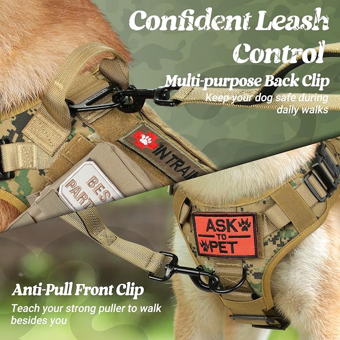 rabbitgoo Tactical Dog Harness X-Large, Heavy Duty Military No Pull Vest | Sturdy Metal Buckles, 5 Adjustments, Molle System, Powerful Pullers for Training, Hunting, Outdoor, Brown Camo, X-Large