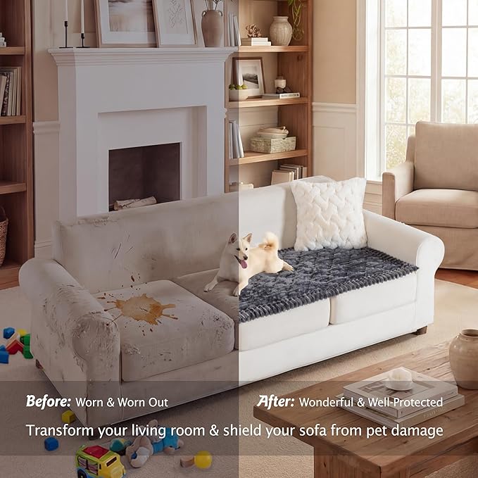 PuTian 100% Waterproof Fuzzy Couch Cover for Dogs Dark Grey 27.6"x70.9" | Pet Friendly Dog Mat for Couch, Waterproof Sofa Protector, Scratch Resistant Furniture Cover for Dogs, Machine Washable