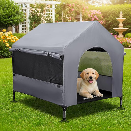 Dog House, 36” Large Dog House Outdoor Indoor Elevated Dog Cot Bed | 2-in-1 Outside Dog Tent Shade, Three-Sided Breathable Mesh Windows, Easy to Install, Waterproof Canopy, Non-Slip Feet