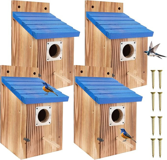4-Piece Outdoor Bird House Set, Bird Houses for Outside with Metal Guards, Safety Locks, Flight Slots, & Ventilation, Bluebird Houses with 1-1/2" Entrance for Bluebirds, Wrens, Finches-Blue