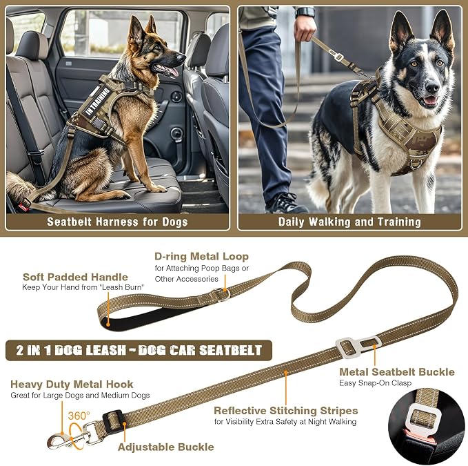 Tactical Dog Harness and Leash Set with 10 Patches for Large Dogs | Heavy Duty Adjustable No Pull Service Dog Vest with Dog Seat Belt,Reflective Easy Walk for Training Walking Hiking Camo XL