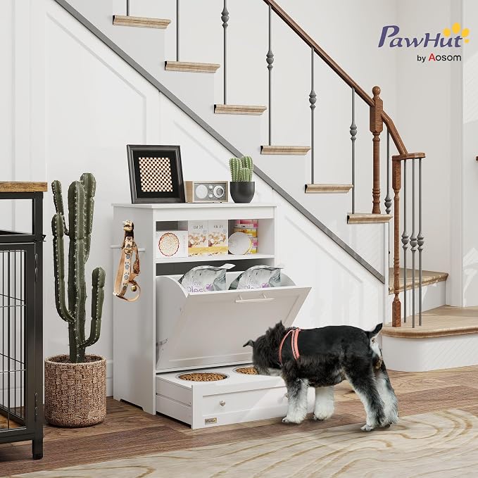 PawHut Dog Feeding Station with Raised Bowls, Pet Feeder Station, White | Dog Food Storage Cabinet, Hanger for Feeding & Watering Supplies