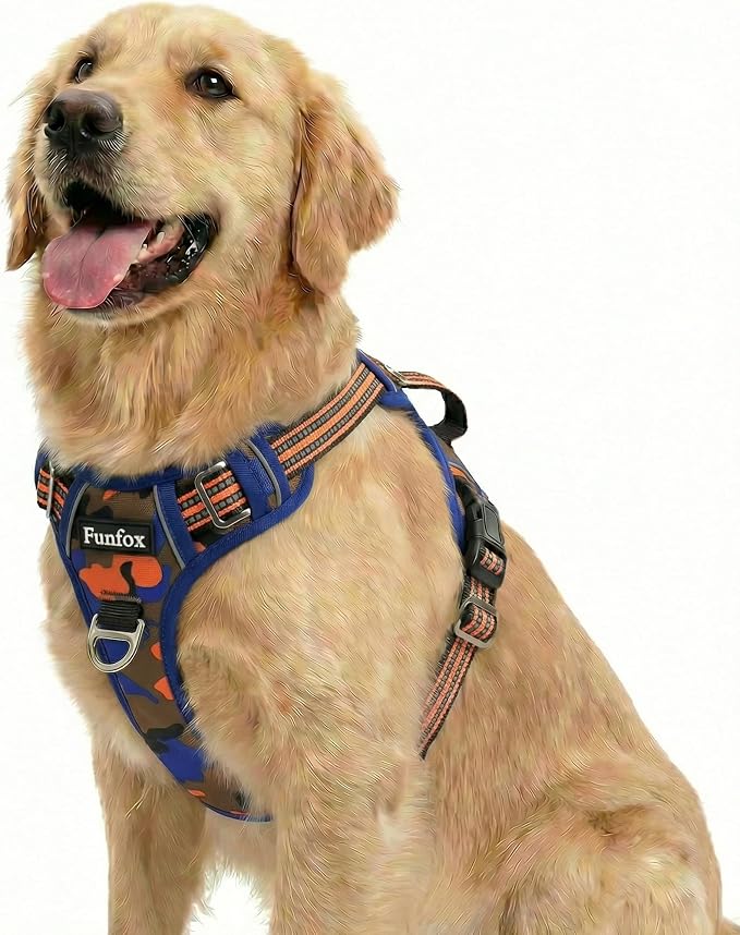 Dog Harness No Pull, Adjustable Pet Vest Harness, Super Soft Material with Vertical Handle Easy Control, Reflective Night Walking, 2 Leash Clips for Large Dogs, Camo Orange, L