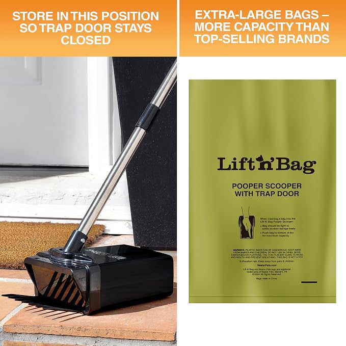 Neater Pet Brands Lift N’ Bag 2.0 Dog Pooper Scooper with Bag Attachment & 31" Pole for Small to Large Dogs, New Longer Pole, 195 Refill Bags, Heavy Duty Dog Poop Scooper for Yard, One-Hand Use