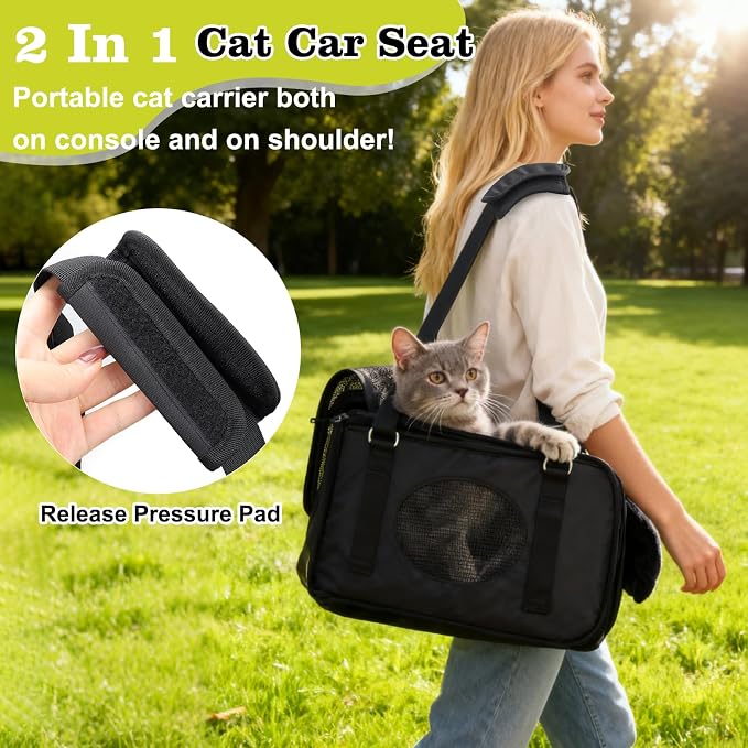 Mity rain 3 in 1 Cat Car Seat for Center Console with Cushion for Travel | Portable Carrier for Shoulder Handle Car, Foldable Pet Armrest Booster Seat for Small Dogs & Cats (Up to 15lbs)