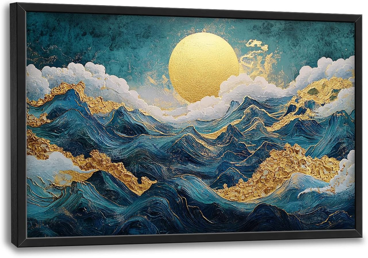 Framed Large Sun Mountain Wall Art, Oversized Teal and Golden Sun Wall Decor for Living Room, Abstract Landscape Canvas Painting Modern Artwork Home Decoration for Living Room Bedroom 36"x24"
