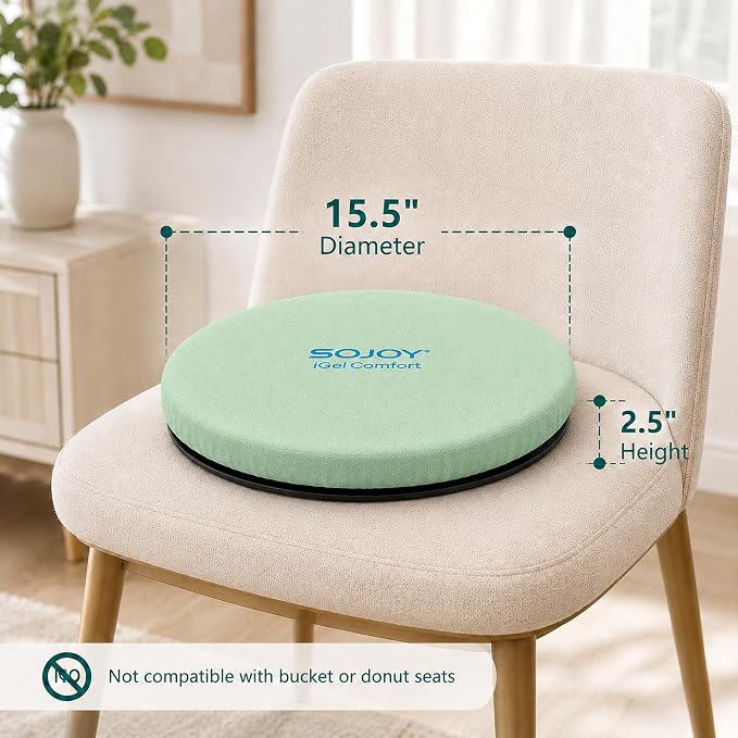 Sojoy iGelComfort Deluxe Gel Swivel Seat Cushion with Supportive Memory Foam 360 Degrees Rotating Seat Cushion for Home,Stool Chair,Office (Green, 15.5 * 15.5 * 2.5)