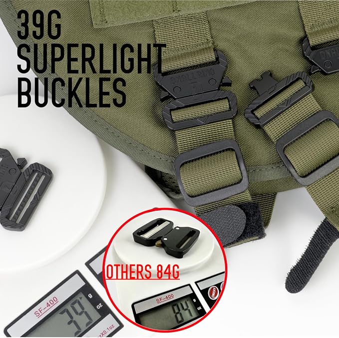 Service Dog Vest for Large Dogs, Green Tactical Harness with Military MOLLE, Breathable Mesh & 39g Metal Buckle - Size L for Training & Hiking