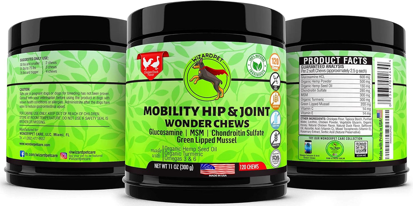 Advanced Hemp Hip and Joint Supplement for Dogs Hemp Oil Glucosamine Chondroitin for Dog Omegas Turmeric MSM Green Lipped Mussel Made in USA Treats Support Mobility 120 Chews