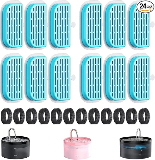 GIOTOHUN Cat Water Fountain Filter: 24 Filters - 12 Pieces Filters + 12 Pieces Sponges for Cat Fountain - Pet Water Fountain Filter Replacement for Pet Dispenser H1 (67oz/2L)