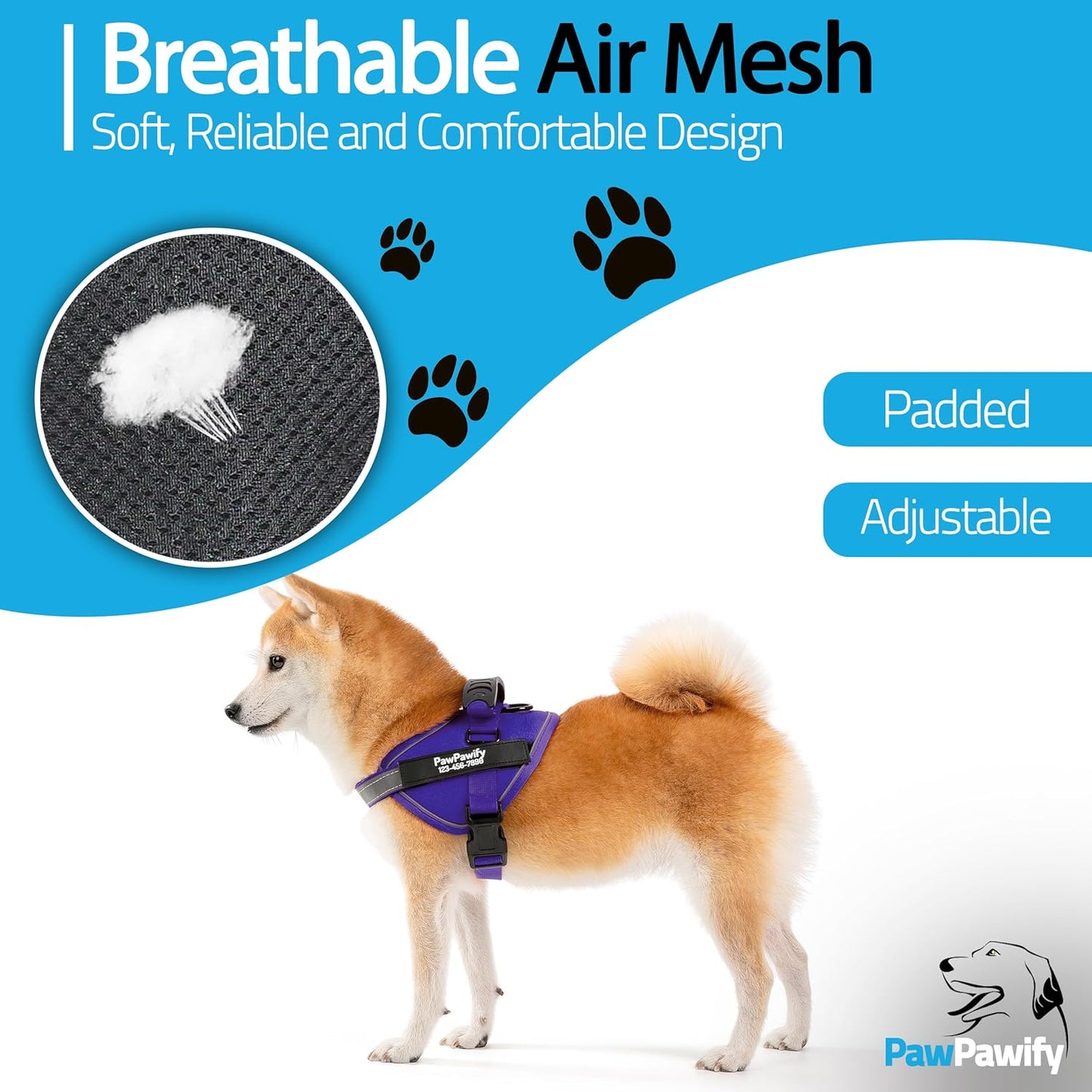 PawPawify Custom No Pull Dog Harness with Name and Phone Number, Heavy Duty Personalized Pet Vest to Prevent Tugging, Pulling, or Choking, Training and Walking (New Purple, XS (5-9LBS))