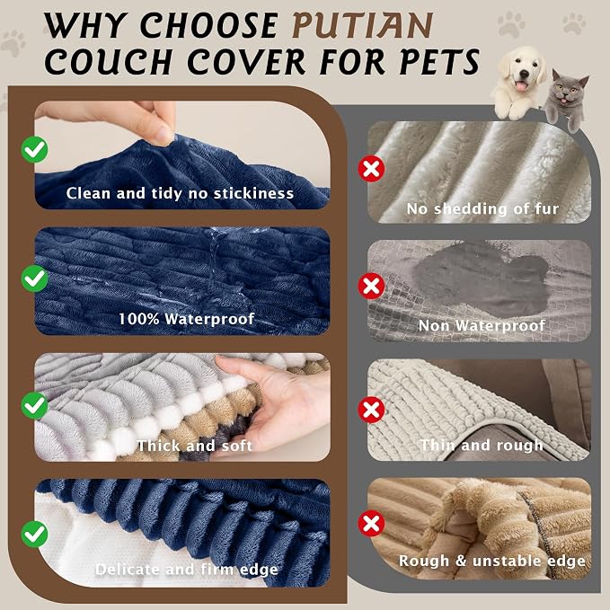 PuTian 100% Waterproof Fuzzy Couch Cover for Dogs Navy Blue 27.6"x82.7" | Pet Friendly Dog Mat for Couch, Waterproof Sofa Protector, Scratch Resistant Furniture Cover for Dogs, Machine Washable