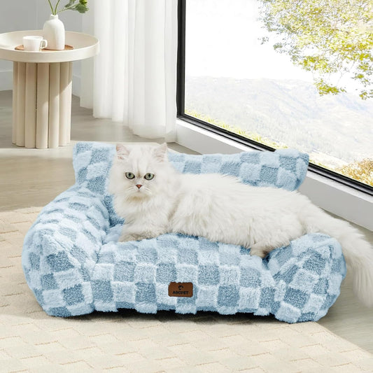 Cat Bed Cats Couch for Puppy and Kitten, Fluffy Pet Couch Small Dog Sofa Bed, Supportive Cat Sofa for Indoor Cats, Washable Cover & Non-Slip, 26 inch, Blue