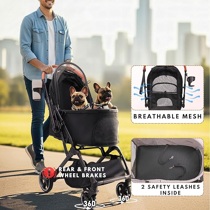 Bicystar Foldable Dog Stroller for Small Medium Dogs & Cats, 45 lbs, Black | For senior & injured pets, Travel-friendly, All-terrain 4 wheels, Aluminum frame, 42" handle for tall users, Two tethers
