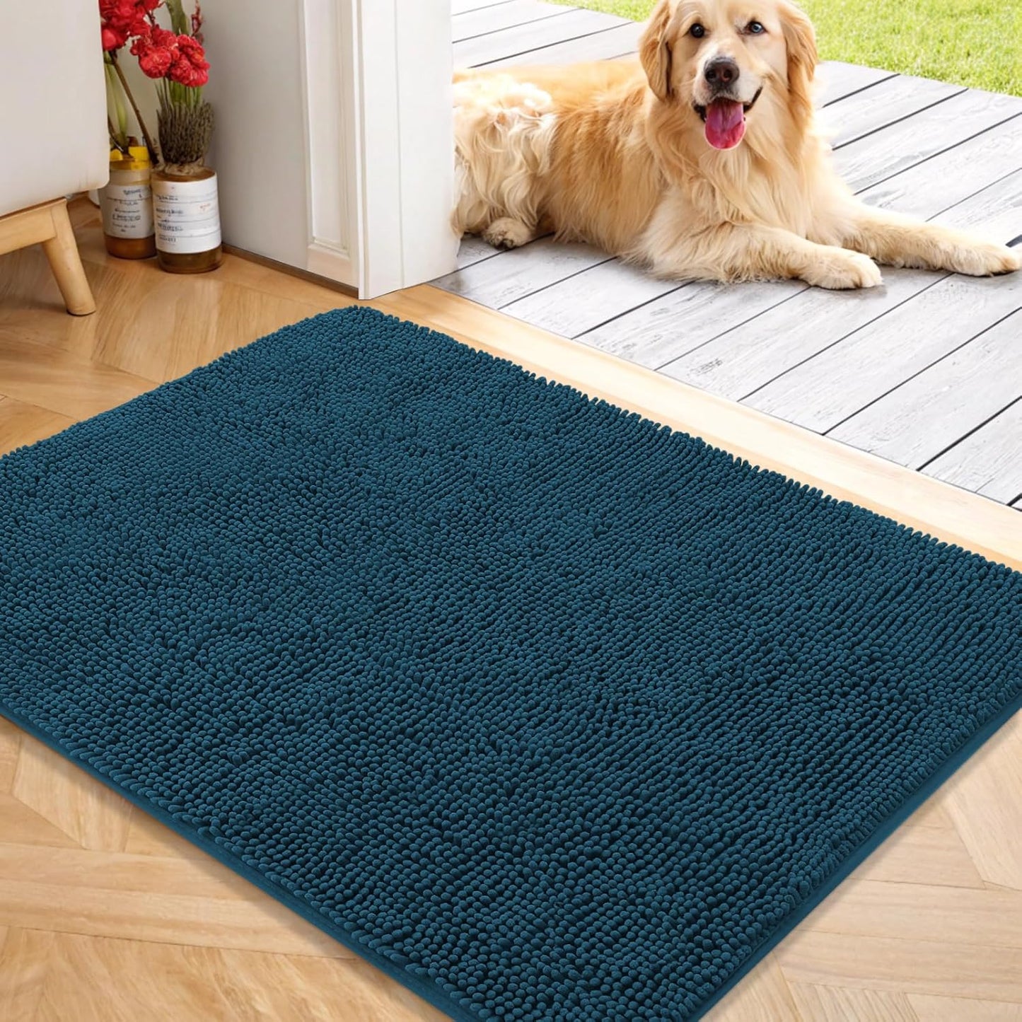 OLANLY Dog Door Mat for Muddy Paws 40x32, Absorbs Moisture and Dirt, Absorbent Non-Slip Washable Doormat, Quick Dry Chenille Mud Mat, Entry Indoor Entryway Carpet for Inside Floor, Atlantic Blue