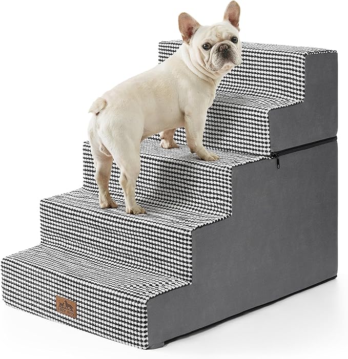 Dog Stairs for Small Dogs, 5 Tier Removable Wider Pet Stairs for Couch and Bed, 23.6" H Non-Slip Dog Steps for Puppies and Old Cats with Support Board, 19.7x29.5x23.6 inch, White Black