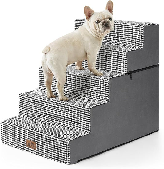 Dog Stairs for Small Dogs, 5 Tier Removable Wider Pet Stairs for Couch and Bed, 23.6" H Non-Slip Dog Steps for Puppies and Old Cats with Support Board, 19.7x29.5x23.6 inch, White Black