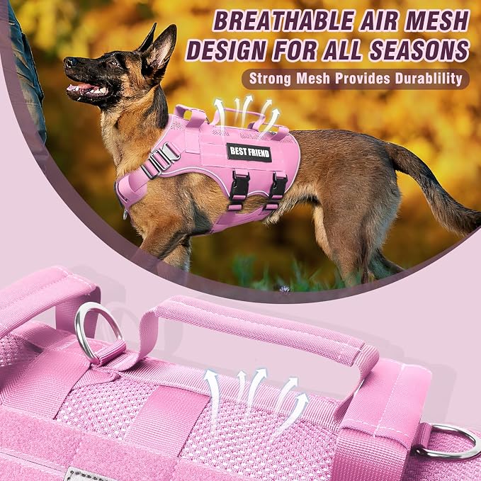 Air Mesh Tactical Dog Harness with Metal Buckles&MOLLE,Pink XL | Breathable Adjustable No Pull Service Dog Vest with 3 Padded Handles,Military Dog Harness for Training Hiking Hunting Working