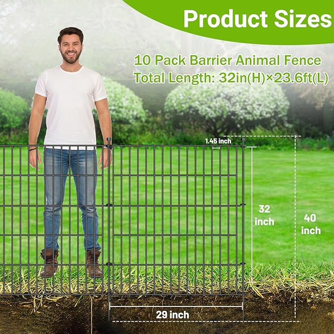 10 Panels No Dig Decorative Outdoor Garden Fence for Yard, 32 in(H) X 23.6 ft(L) Animal Barrier Fencing Rustproof Metal Wire Panel Border for Dog, Rabbits, and Patio Temporary Ground Stakes