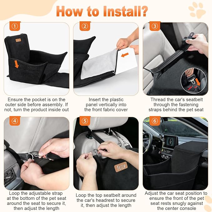 Elevated Dog Car Seat for Small and Medium Dogs Up to 35 lb | 4" High-Density Foam Dog Car Bed, 2 Storage Pockets,3 Safety Belts,Fully Removable and Washable for Easy Care,Black