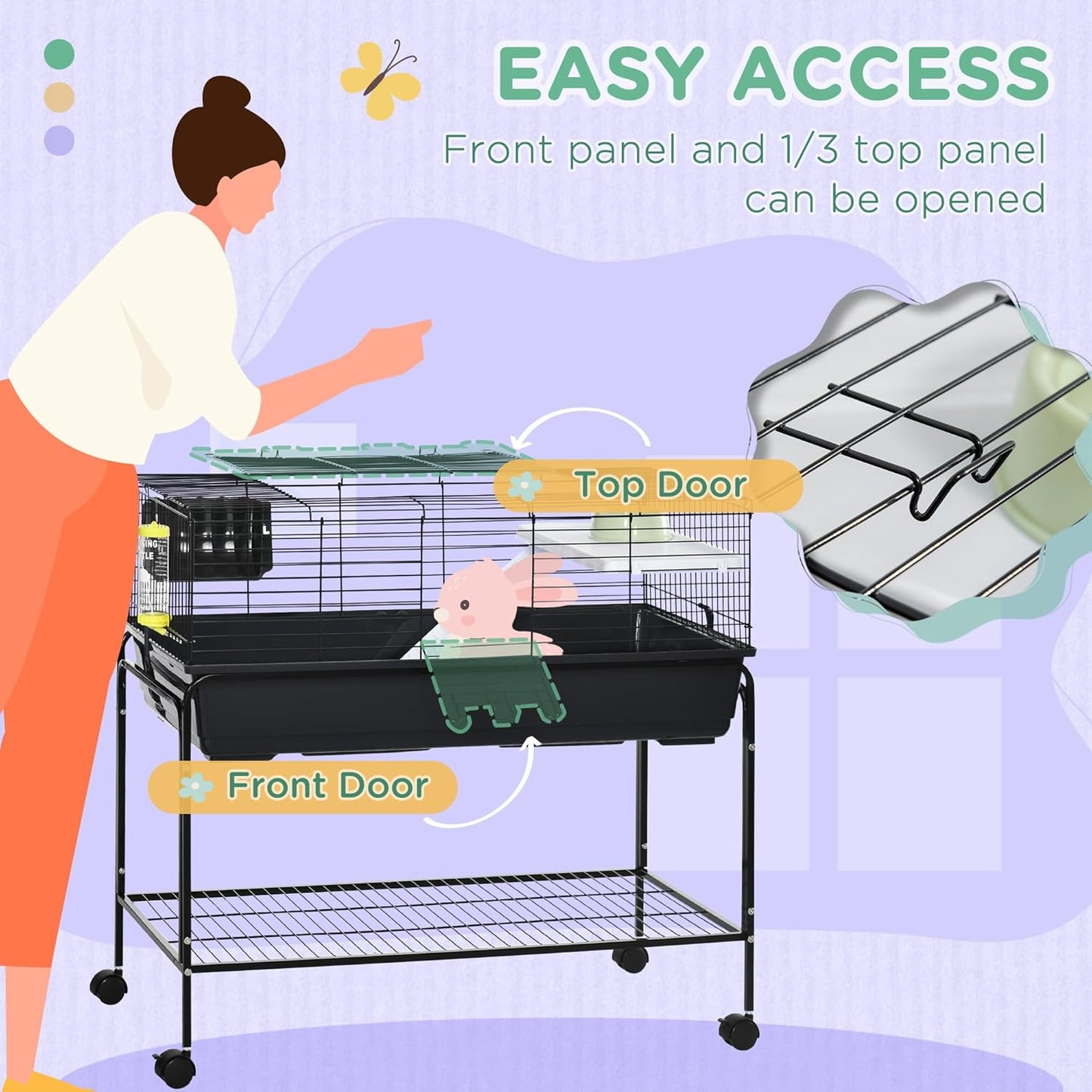 PawHut Two-Story Small Animal Cage Removable from Stand, Guinea Pig Cage with Shelf & Wheels, Pet Habitat for Hedgehog, Chinchilla, Ferret, 39" x 20.5" x 36.5", Black