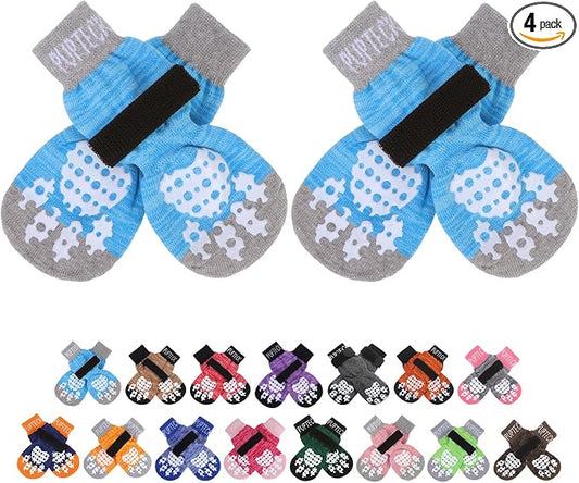 PUPTECK Anti-Slip Dog Socks with Double Sides Grips for Small Medium Large Dogs Hardwood Floors Prevents Licking, Dog Shoes for Hot Pavement Traction Control Paw Protector for Senior Dogs Blue L