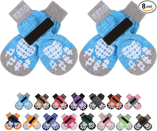 PUPTECK Anti-Slip Dog Socks with Double Sides Grips for Small Medium Large Dogs Hardwood Floors Prevents Licking, Dog Shoes for Hot Pavement Traction Control Paw Protector for Senior Dogs, Blue M