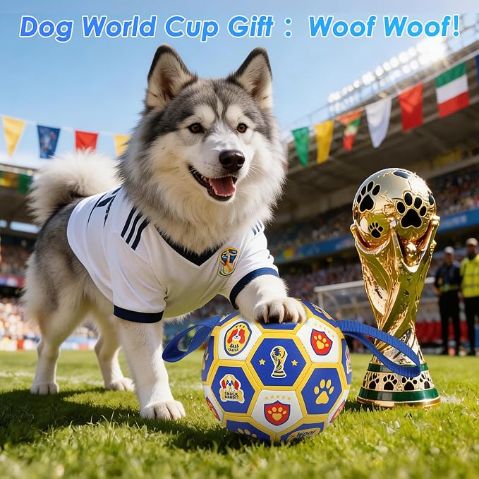 Vivifying Dog World Cup Soccer Ball Toy, 8 Inch Floatable Interactive Dog Toy for Large and Extra Large Dogs, Durable PU Enrichment Ball with Nylon Straps for Outdoor Fetch, Training & Playing