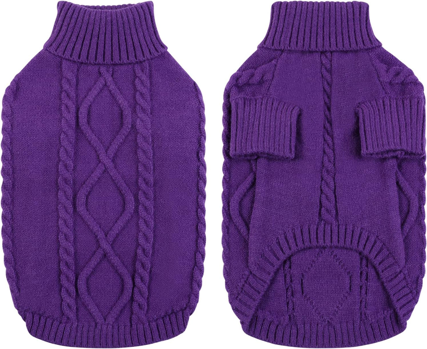 Queenmore Small Dog Pullover Sweater, Cold Weather Cable Knitwear, Classic Turtleneck Thick Warm Clothes for Chihuahua, Bulldog, Dachshund, Pug (Purple, Medium)