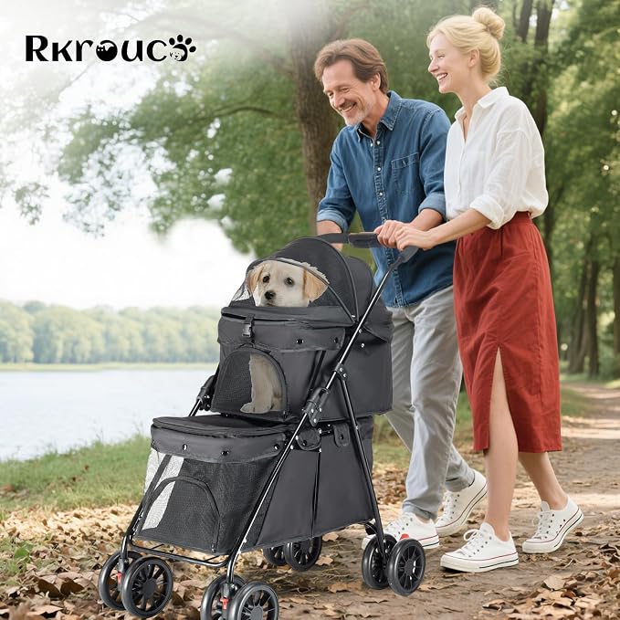 Double Pet Stroller for Medium Small Dogs and Cats with 2 Carriage, Durable Universal Wheels with Brakes Lightweight One Hand Foldale Kittens Puppies Travel Strolling Cart (Black)