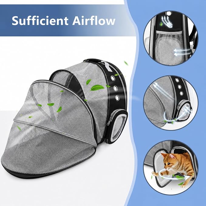 Expandable Cat Carrier Backpack for Cats and Dogs, Bubble Window Pet Travel Backpack with Breathable Mesh, Anti-Collapse Structure, Side Door, Safety Leash, for Vet Visits, Hiking, Outdoor, Black