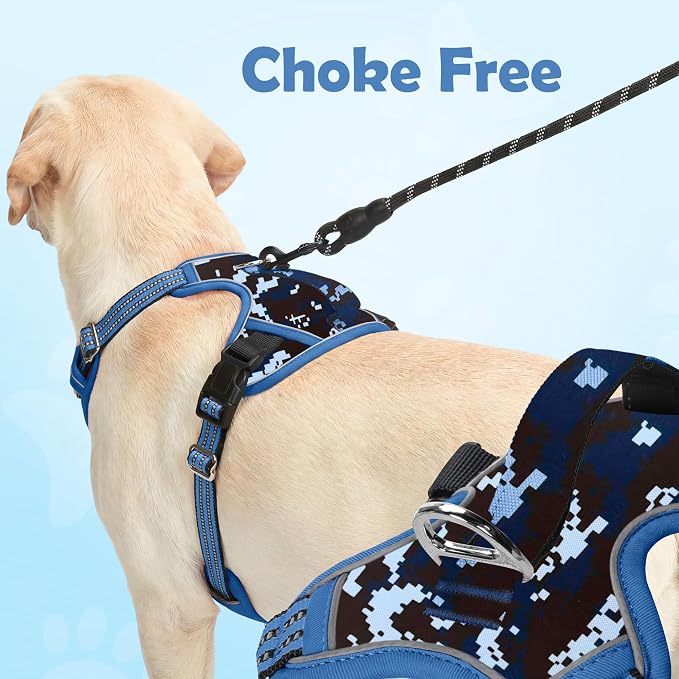 Dog Harness No Pull, Adjustable Pet Vest Harness, Super Soft Material with Vertical Handle Easy Control, Reflective Night Walking, 2 Leash Clips for Medium Sized Dogs, Mosaic Blue, M