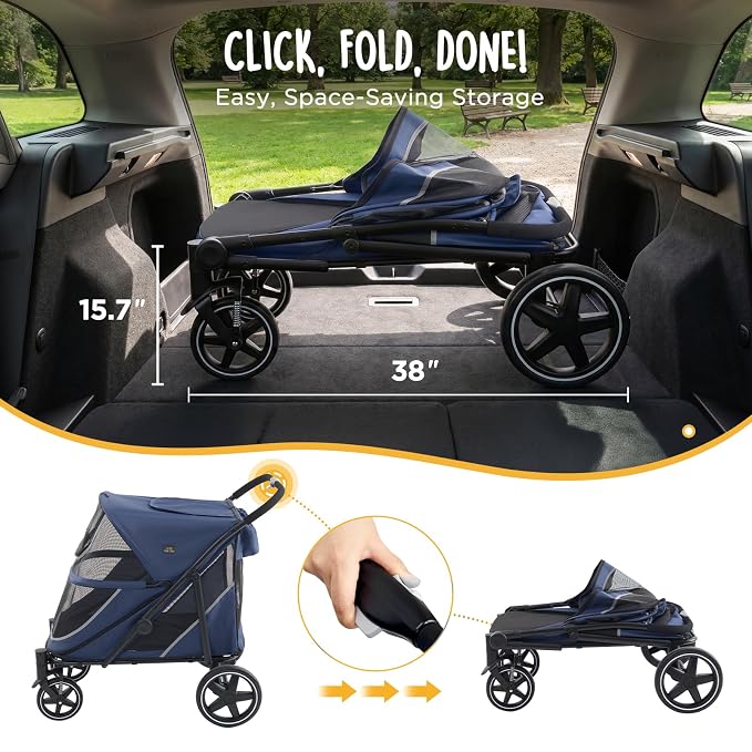 Canine Canyon Denver Dog Stroller for Large & Medium Dogs- Easy Fold All-Terrain Pet Stroller for 2 Dogs with Dual Entry, One-Foot Brake, Sunroof & Breathable Windows, Up to 130 lbs, Blue