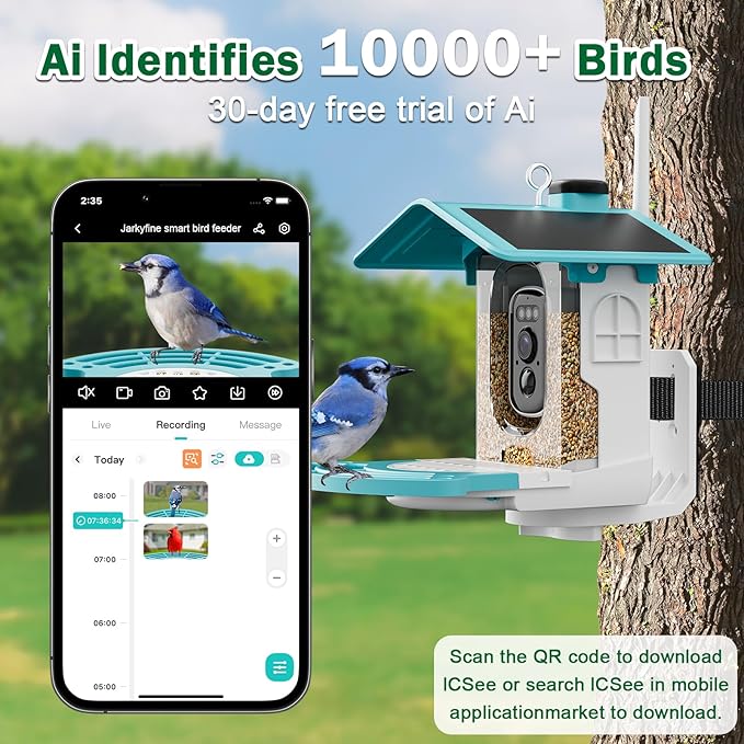 Jarkyfine Smart Bird Feeder with Camera Solar Powered - AI Bird Identification, 2K HD Video Live Stream Camera, 3MP Photos, 2.9in Focus, Gifts for Mom Dad Birdlovers, Blue