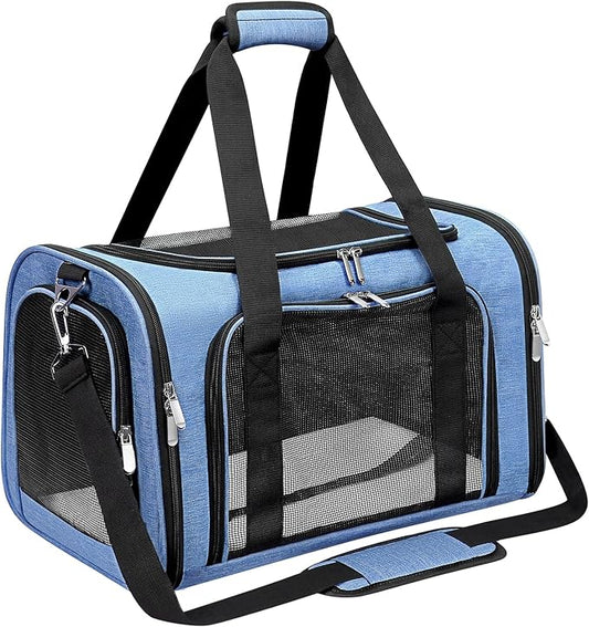 Soft-Sided Cat/Dog/Pet Carrier, Collapsible Pets Travel Carriers for Big Cats/Small Dogs with Shoulder Strap & Removable Mat, Mesh Puppy Carry Bag, Up to 25 Lbs (Blue)