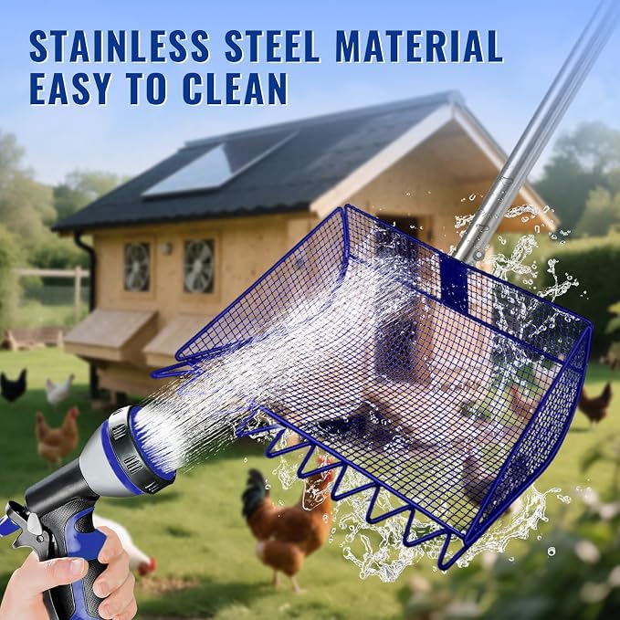 2-in-1 Chicken Coop Scooper: Extra Large 12” Poop Scooper & Rake with Adjustable Handle (37”-65”) | Heavy-Duty Metal Shovel for Quick Pet Waste, Rabbit, Guinea, Barn Cleaning | US Patent Pending, Blue