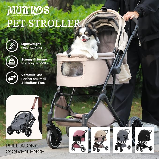 MUTTROS Dog Stroller, Pet Stroller for Small Medium Dogs & Cats Up to 66lbs, One Click Folding, Large Cat Stroller w/All Terrain Shock Absorbing Wheels, Reversible Handle, Multiple Pockets, Khaki
