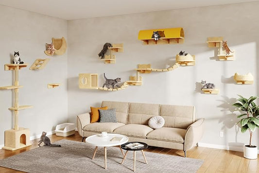 Cat Wall Furniture, 26 in 1 Cat Shelves w/Cat Tree, Tunnel, Beige | Wall Mounted Cats Furniture Set w/Plush Fabric, Cat Climbing Systems for 16 Inch Drywall, with Scratching Posts, Bridge, Moon