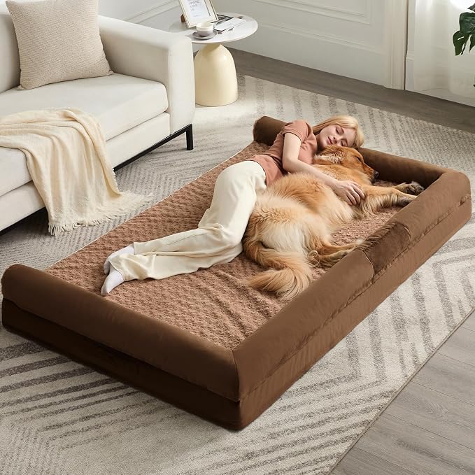 BFPETHOME Orthopedic Washable Human Dog Bed for Adult & Dog Cozy Sleep | Human Size Waterproof Big Soft Pet Couch Bed for Adult & Dogs Relax with Removable Cover Supportive Foam Brown 61x43 Inch