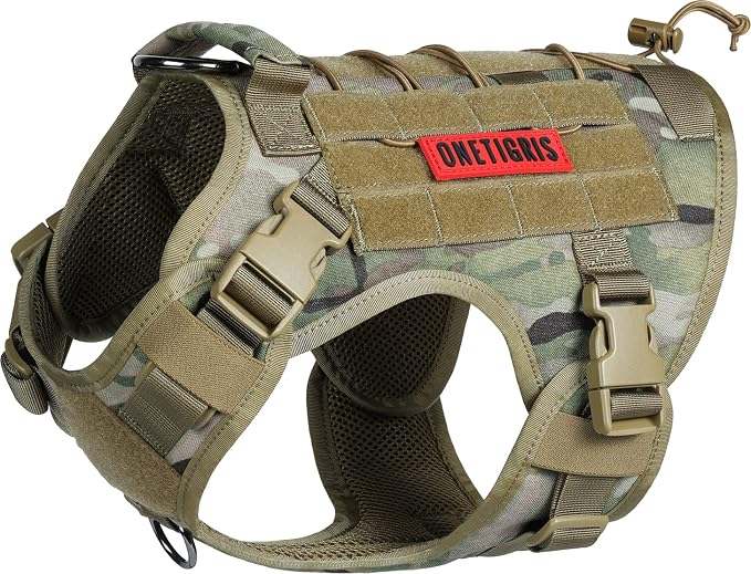 OneTigris Tactical Dog Harness with Handle No-Pull Adjustable for Large Dog | Military 1000D Pullable Nylon, Service Dog Vest with Hook & Loop Panels, Easy On & Off for Walking Hiking Training Camo XL
