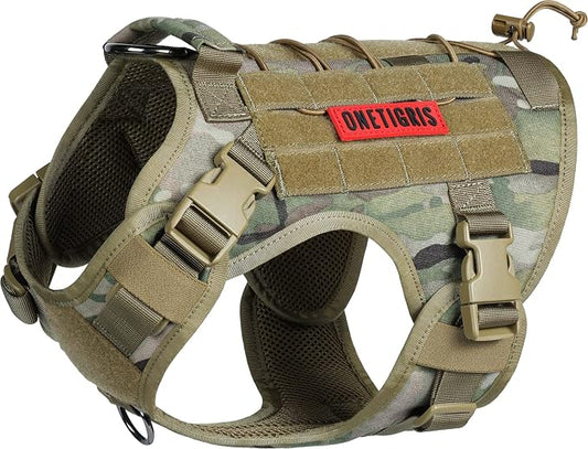 OneTigris Tactical Dog Harness with Handle No-Pull Adjustable for Large Dog | Military 1000D Pullable Nylon, Service Dog Vest with Hook & Loop Panels, Easy On & Off for Walking Hiking Training Camo XL