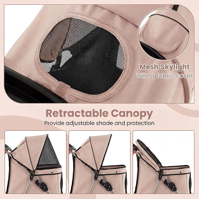 Giantex 3 Wheel Foldable Dog Stroller for Small Dogs Cats, Lightweight Pet Stroller with Lockable Wheels, One-Hand Quick Fold, Mesh Windows, Safety Leash & Storage Basket, Pet Travel Stroller (Beige)